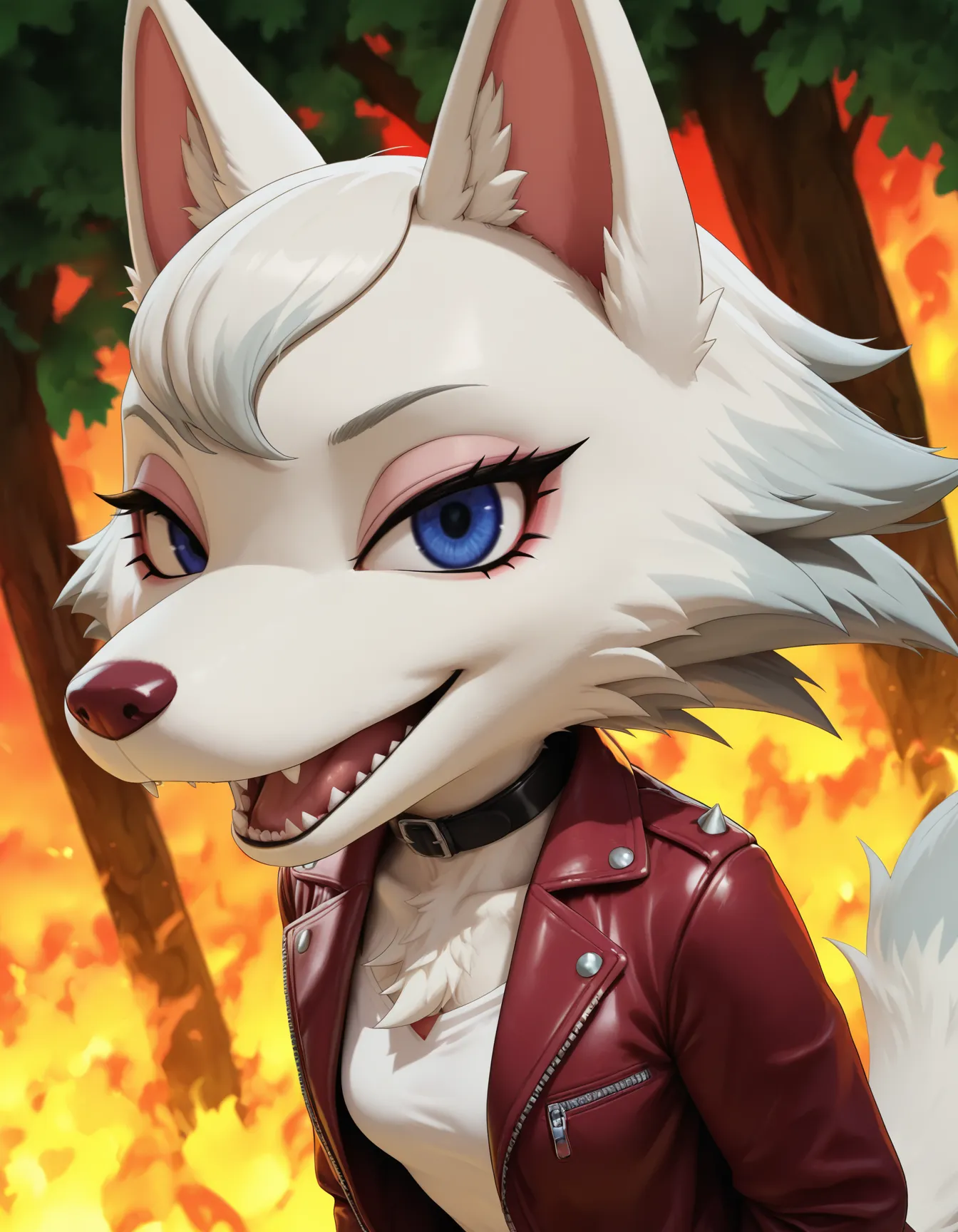masterpiece, best quality, amazing quality, very aesthetic, high resolution, ultra-detailed, absurdres, newest, scenery, furry, anthro, 1girl, female, BREAK, whitneyc, wolf, white fur, blue eyes, maroon nose, flat chest, tail, large eyes, uneven eyes, enface portrait, small, medium breasts, looking at viewer, intimidating, smirk, smug, grin, crazy smile, sharp teeth, black collar with white spikes, leather red jacket over white shirt, cinematic lighting, fluffy, portrait, face focus, dutch angle, (detailed multicolor fire forest background, fiery background:1.2), mouth open, leaning forward, BREAK, detailed background, depth of field, detailed fluffy fur, volumetric lighting,
<lora:Whitney_v2Noob3s96:1> <lora:noobai_ep11_stabilizer_v0.138_fp16:0.8>