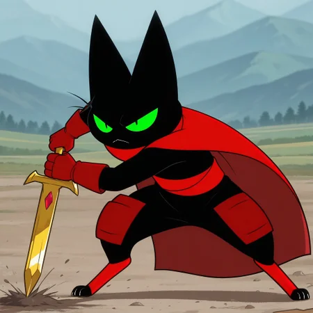 masterpiece, best quality, amazing quality, m4om4o, male, furry male, anthro, solo, cat, black fur, green sclera, black pupils, whiskers, sharp teeth, sharp nails, paw pads, red cape, red sash, red gloves, red knee guards, red ankle bands, fight stance, holding gold sword, serious, outdoors, dirt, hills