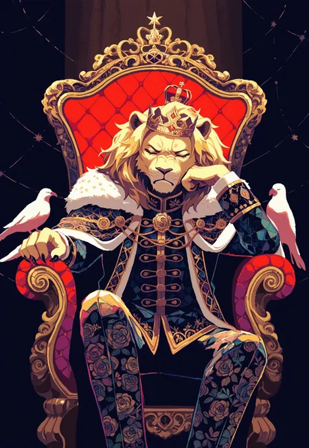 solo focus, three quarter view, [anthro], male focus,
lion head, royal, lion paw, head in hand, grumpy, tired, closed eyes, sitting on throne, golden crown, surrounded by birds, animal,
yadu_nadu, patterned, ushiyama_ame, high contrast, limited palette, no lineart, no outline,
masterpiece, absurdres, newest, [dynamic pose]