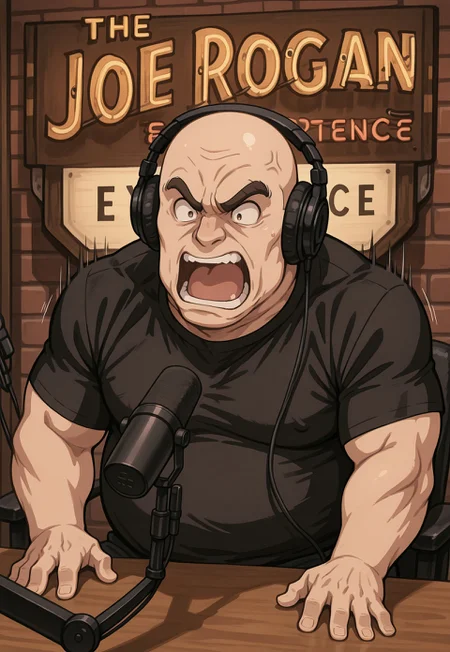1boy, solo, the RoeJogan experience, sign, microphone, desk, wall,
faceless ugly man, brown eyes, ugly man, fat, bald, mature male, thick eyebrows, talking, angry, shouting, black headphones, black t-shirt,
masterpiece, best quality, very aesthetic, absurdres,newest, sharp focus, perfect light, dynamic light, heavy lines, black outline, detailed shading, beautiful, 8K wallpaper, vibrant colors, high saturation,