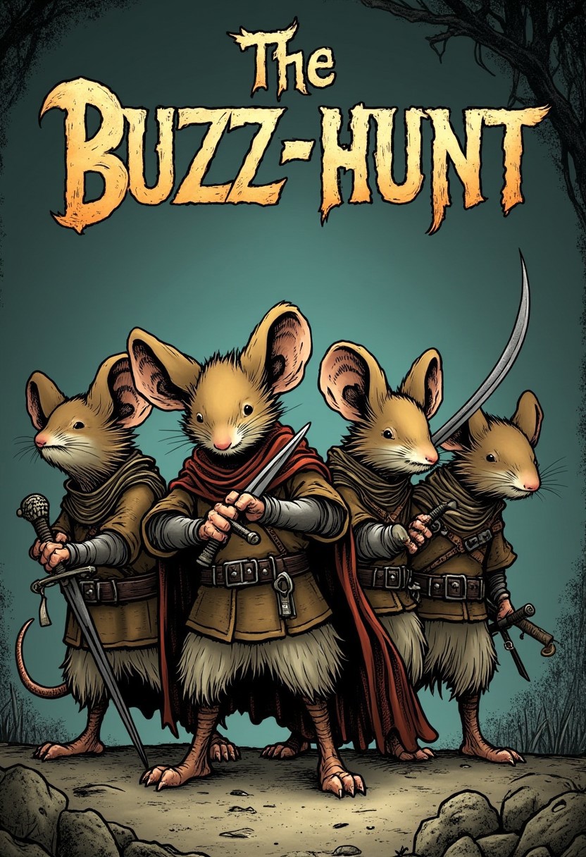 Frontcover of a comicstyle graphic novel the title "The Buzz-Hunt" is written in bolt wheathered letters. The cover depicts anStorybook illustration style with fine line work, muted earthy tones, detailed textures, stylized characters, and soft atmospheric shading of a group of  4mouseguard mice wearing a medieval leatherarmor, holding a swords or crossbows. The overall style of the illustration is dark with a gloomy color palette. detailmaximizer