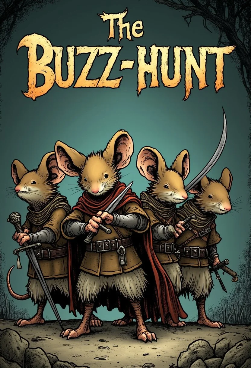 Frontcover of a comicstyle graphic novel the title "The Buzz-Hunt" is written in bolt wheathered letters. The cover depicts anStorybook illustration style with fine line work, muted earthy tones, detailed textures, stylized characters, and soft atmospheric shading of a group of 4mouseguard mice wearing a medieval leatherarmor, holding a swords or crossbows. The overall style of the illustration is dark with a gloomy color palette. detailmaximizer