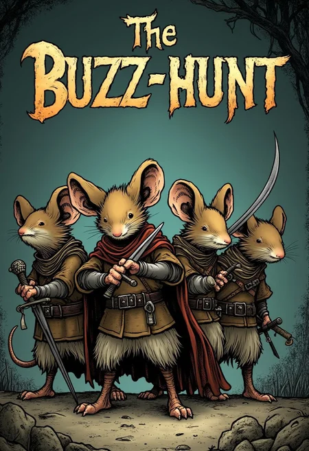 Frontcover of a comicstyle graphic novel the title "The Buzz-Hunt" is written in bolt wheathered letters. The cover depicts anStorybook illustration style with fine line work, muted earthy tones, detailed textures, stylized characters, and soft atmospheric shading of a group of 4mouseguard mice wearing a medieval leatherarmor, holding a swords or crossbows. The overall style of the illustration is dark with a gloomy color palette. detailmaximizer