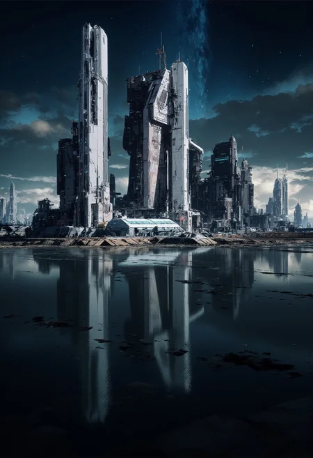 oil painting, rough, textural, broad brush strokes, a futuristic sci-fi city with tall, perfectly reflected in a tranquil, still lake, at night, surreal colours, detailed night sky with stars and nebulas, mythp0rt