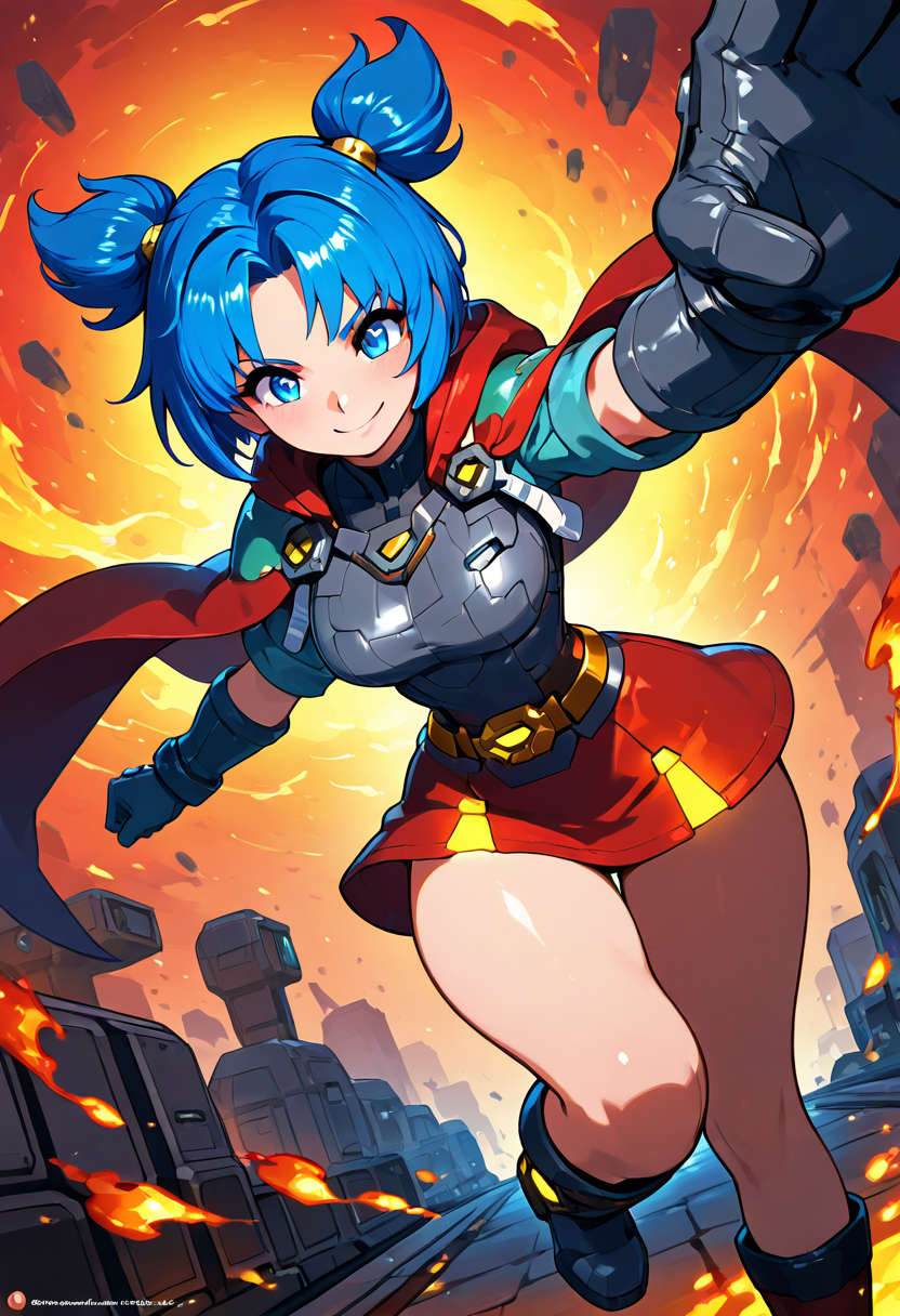 masterpiece, best quality, solo, curvy, beautiful eyes, narrow waist, wide hips, 1girl, solo, smile, looking at viewer, dynamic angle, foreshortening, close up,    zzVela, blue eyes, blue hair, short hair, twintails, short twintails, <lora:VelaJetforce_IXL:0.8>,[Crimson Ember Sentinel], burnt orange tunic with fiery red embroidery, leather armor bracers, amber-stone belt, boots of scarlet and gold with flame motifs, red feathered cloak, fiery backdrop with glowing embers floating in the air, intense eyes, stance firm and protective,