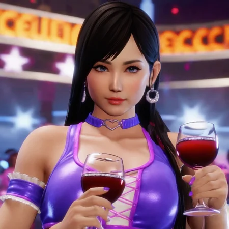 An ultra realistic extremely detailed screencap of a game of a beautiful and adorably 1 cute koko woman with long dark hair and a purple pop star outfit in a flirty pose holding a glass of wine, at a night club, nighttime, extremely detailed gorgeous eyes and facial features, 8k, amazing game composition, cinematic lighting, ray tracing, unreal engine <lora:koko woman:1>