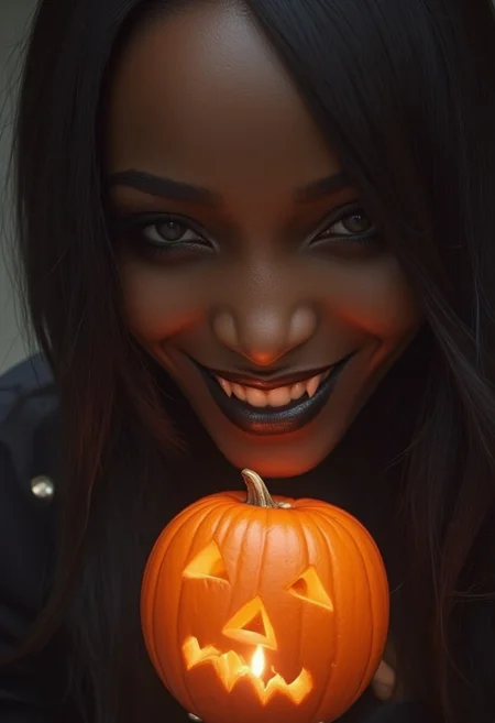 masterpiece, cinematic photography, highest quality, a smirking gorgeous 23yo African vampire woman, smokey eye make-up, black lipstick, fangs, carved orange pumpkin, extreme close-up face view, ArsMJStyle, dnddarkestfantasy, <lora:F4ngs>, <lora:DnD Darkest Fantasy>