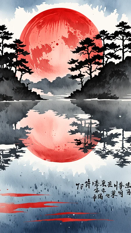 Watercolour paint effect, red moon, Lake, japanese writing, ripples, sky, trees, reflection, <lora:Paint_Effects_SDXL_-_By_DICE:1>, Watercolour Paint Effect