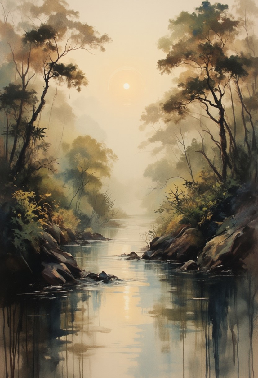 A dinkfsn style ink wash painting, OBxiaoxiang, Inkplash art on rice paper, sepia , Silhouette Art, magnificent, inksplash poster art, a large river flowing through a tropical rainforest, tall trees with buttresses, rapidly flowing water, reflections, sunset