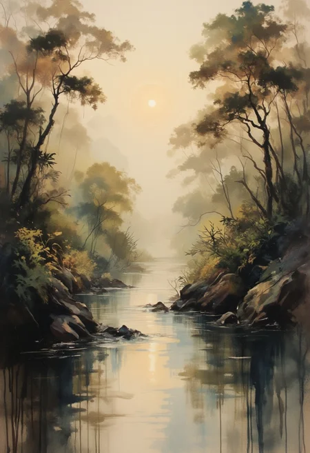 A dinkfsn style ink wash painting, OBxiaoxiang, Inkplash art on rice paper, sepia , Silhouette Art, magnificent, inksplash poster art, a large river flowing through a tropical rainforest, tall trees with buttresses, rapidly flowing water, reflections, sunset