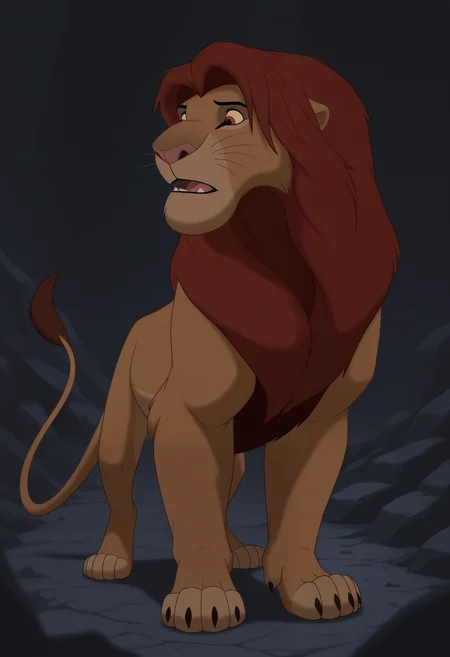 masterpiece,best quality,amazing quality, 1boy, solo,
s1mb4, lion, colored sclera, brown fur, red eyes, red mane, lion tail, full body,