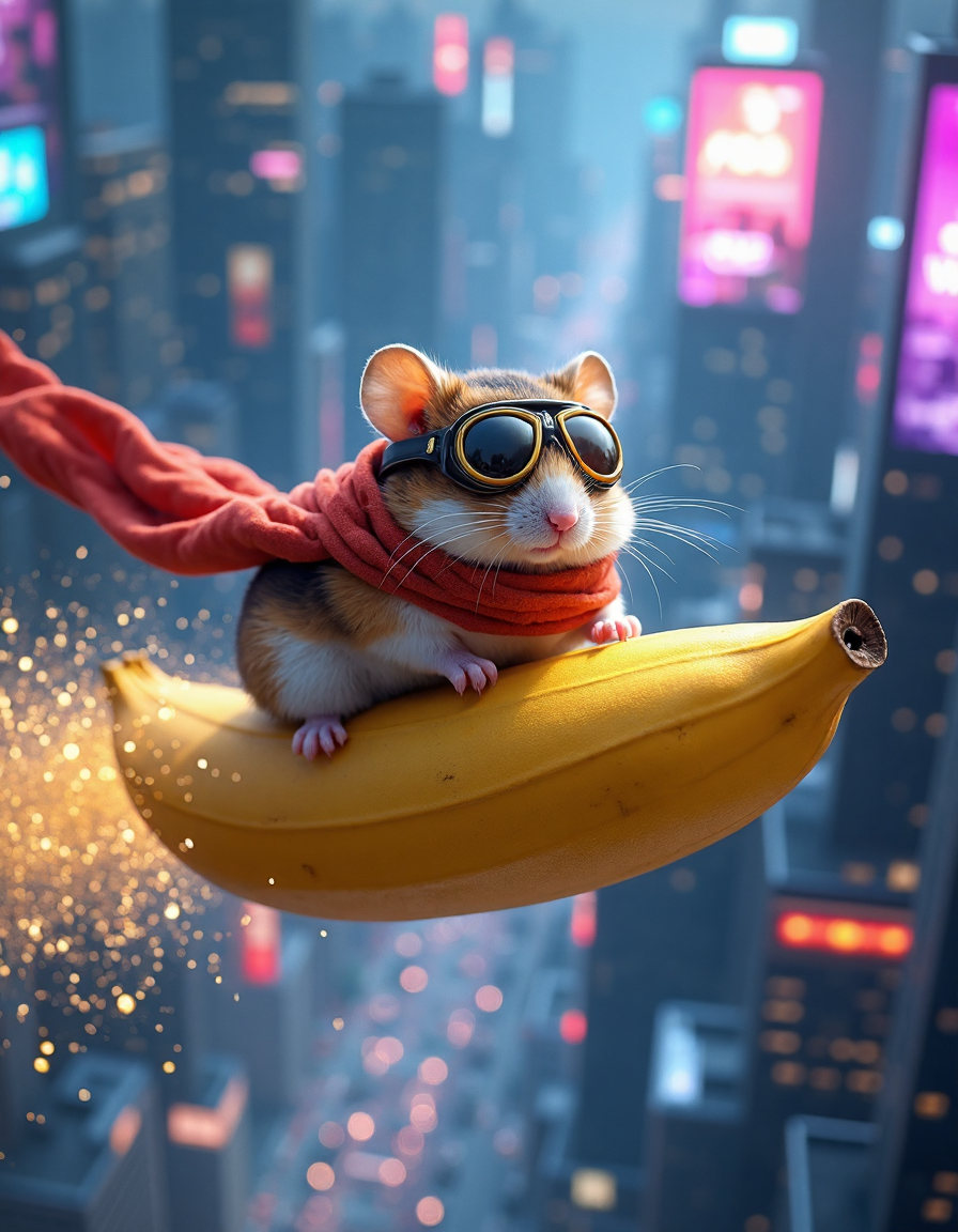 A daring hamster sitting on the sleek oversized banana like a jet, soaring high above a futuristic neon-lit cityscape. The city below is filled with towering skyscrapers, their windows glowing in shades of electric blue and purple, with vibrant billboards flashing in the night. The banana leaves a trail of sparkling gold dust as it zips through the cool night air. The hamsterâs tiny aviator goggles reflect the dazzling lights below, while its flowing red scarf dances in the wind. The scene is energetic, playful, and cinematic, <lora:aidmaMJ6.1:0.8>