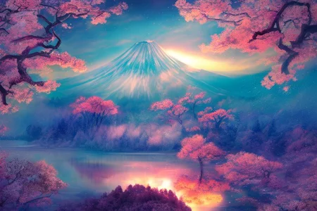 Mh1$AgThS2, intricate linework with expressive contrasts, soft lighting with dynamic highlights, a tranquil large lake in the uplands, sakura trees, blossom, mist, dawn, reflection, with mount fuji in the distance, no humans, In the style of ff-td, FanLan