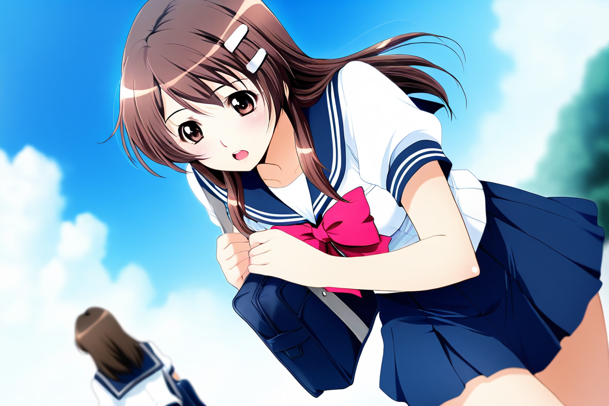 <lora:Niimi_Haruka_PHTKN_Illus:1>niimi haruka, outfit 1, sailor uniform, long hair, open mouth, skirt, brown hair, hair ornament, school uniform, pleated skirt, outdoors, sky, serafuku, solo focus, day, hairclip, cloud, bag, blurry, depth of field, school bag, seo kouji,