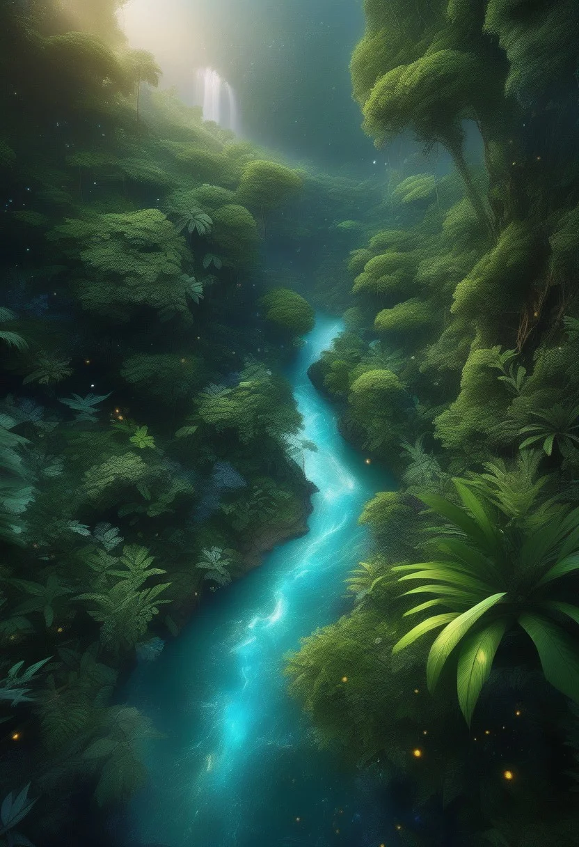 I think jungle with a large river running through, the river is made of galaxies, water is made of stars planets and galaxies, hyperrealistic, ultra-detailed