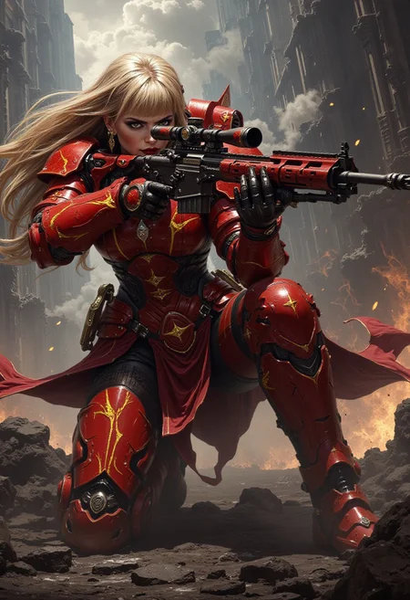 detailed renaissance oil painting, masterpiece, FredFraiStyle, an oriental female cyberpunk space Warrior in red power armor with bright yellow embellishments, long blonde flowing hair, bangs, earrings, dark eyeshadow, red lips, holding a sniper rifle, aiming, dynamic pose,in a battle on a futuristic city street, smoke hanging in the air, ruins and smoking damaged buildings, directional lighting, masterpiece, mythp0rt, perfect composition, perfect hands, cowboy shot