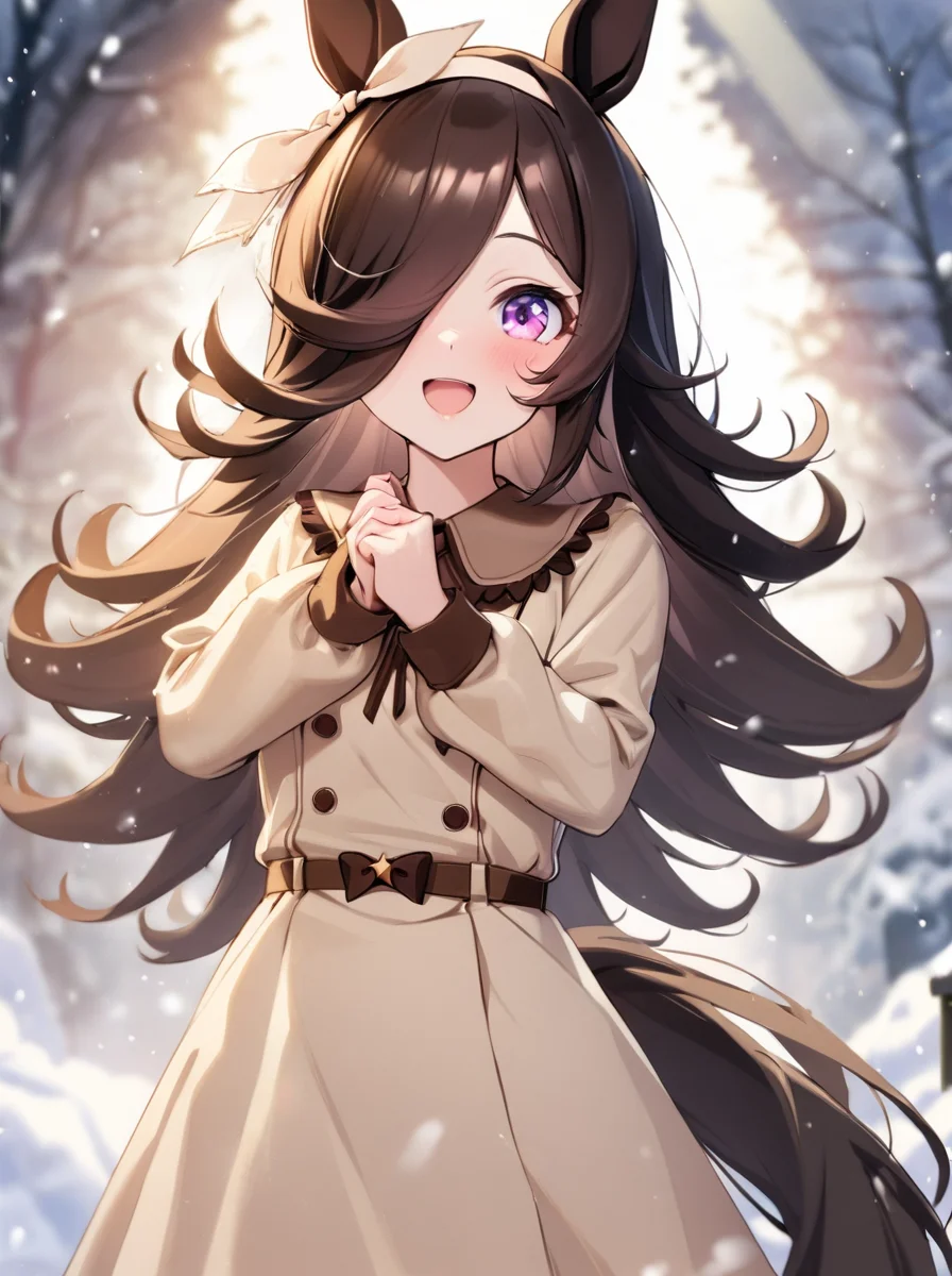 masterpiece, best quality, absurdres,
rice shower \(umamusume\), 1girl, horse ears, hair over one eye, cream dress, smile, horse tail, long sleeves, open mouth, looking at viewer, hairband, brown frills, brown ribbon tie
winter,snow,cloud,,light rays,lens flare,light
<lora:SDXL_rice_shower_v1.01:0.9>