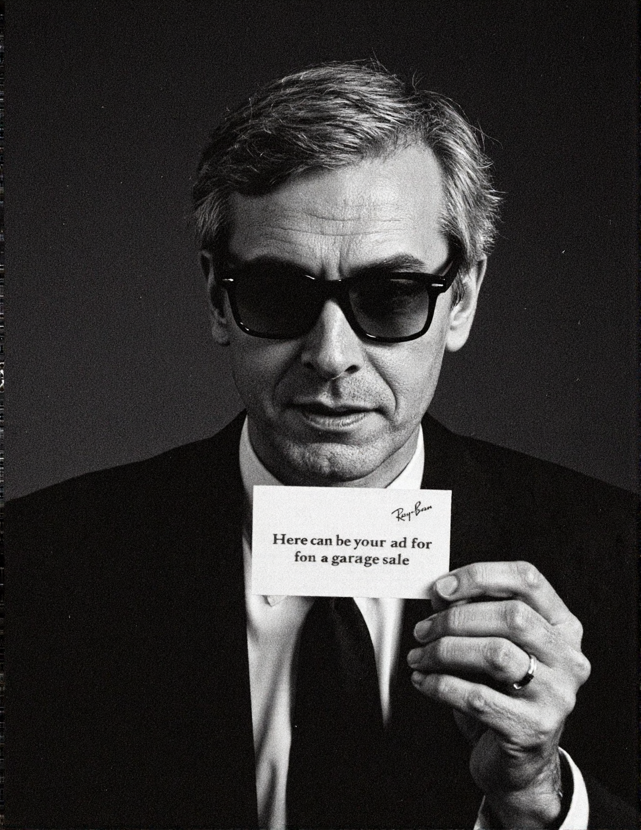 8n8log, 35mm analog black and white photo, chiaroscuro lighting, movie still, a grey haired man wearing rayban wayfarer sunglasses, he's wearing a black business suit, black tie, holdin a business card in the in one hand, he's holding the card to camera with text on it saying "Here can be your ad for a garage sale", film photography aesthetic, film grain effect prominent throughout image,  high contrast lighting creating dramatic shadows, grainy film-like texture,