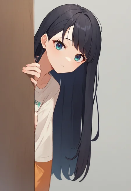 score_9_up score_8_up score_7_up, source_anime, 1girl, peeking out upper body, black hair, long hair
<lora:peeking_out_ponyxl:1>
