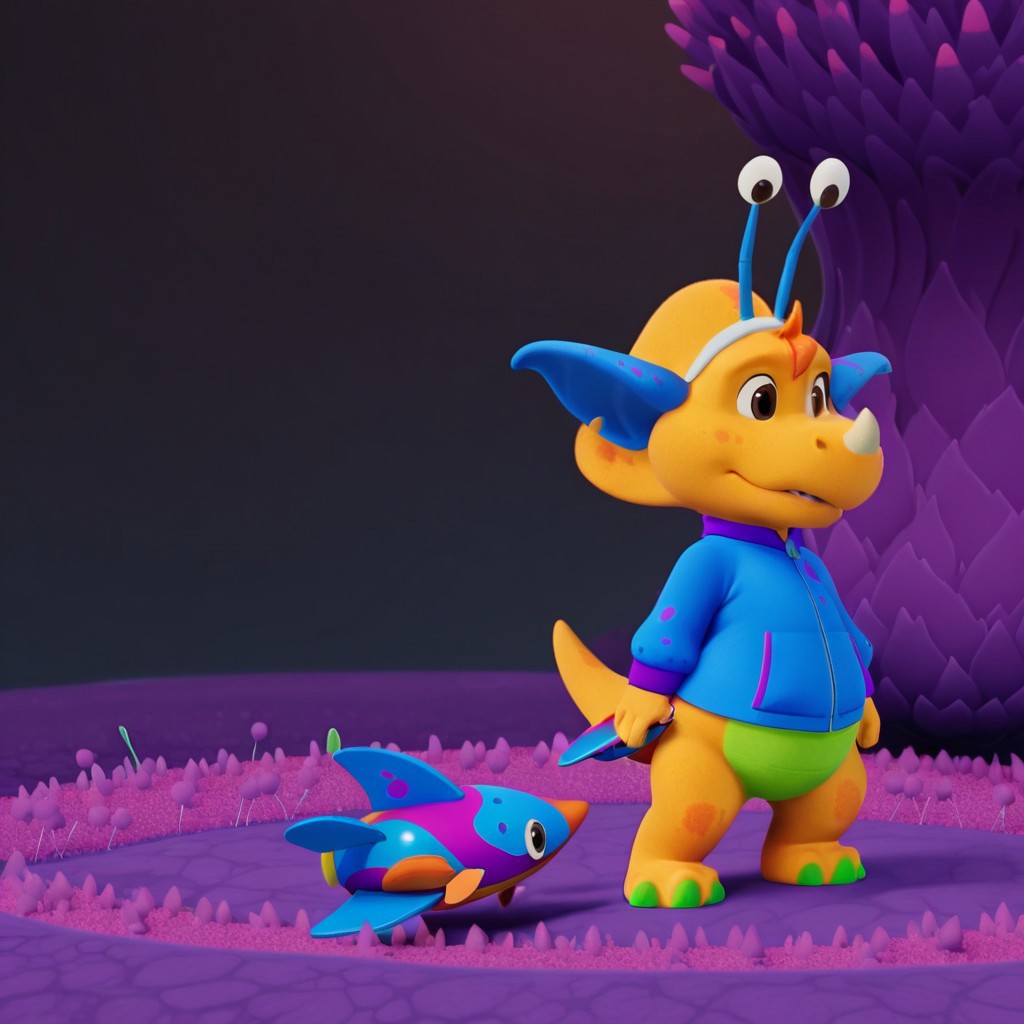 ((masterpiece, best quality, amazing quality,))  billybwil, semi-anthro, male, dinosaur, yellow skin, orange hair tuft, brown eyes, nose horn, blue pointed ears, antennae eyes, blue jacket purple splotches, solo, standing, holding toy rocket