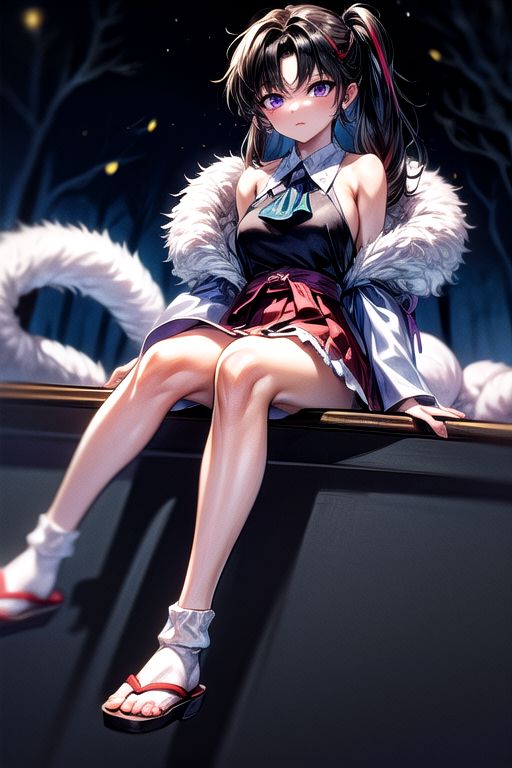 masterpiece,  best quality 1girl Setsun4 solo long hair,  (night time) forest background black hair very long hair purple eyes multicolored hair armor (fur trim) (medium body),<lora:EMS-179-EMS:0.800000>,<lora:EMS-293862-EMS:0.800000>ascot, bare shoulders, black footwear, detached sleeves, embellished costume, frills, japanese clothes, nontraditional miko, red skirt, sandals, sarashi, skirt, socks, armor, miko