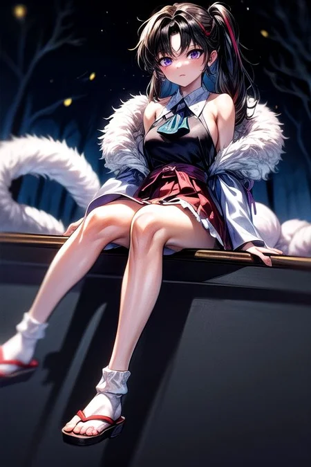masterpiece, best quality 1girl Setsun4 solo long hair, (night time) forest background black hair very long hair purple eyes multicolored hair armor (fur trim) (medium body),<lora:EMS-179-EMS:0.800000>,<lora:EMS-293862-EMS:0.800000>ascot, bare shoulders, black footwear, detached sleeves, embellished costume, frills, japanese clothes, nontraditional miko, red skirt, sandals, sarashi, skirt, socks, armor, miko
