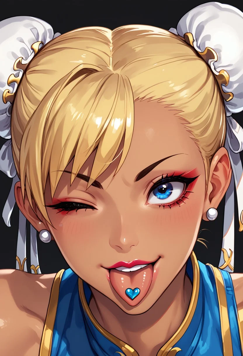 score_9,score_8_up,score_7_up, <lora:gokkun_xl:1> glassgokkun, Chun-li, 1girl, blonde hair, short hair, blue eyes mascara, looking up, black eye shadow, lipstick, wink, cute face, perfect face, tongue out, petite, girly face, tan skin, gyaru, tongue piercing,