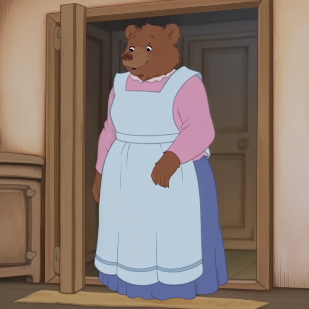 masterpiece, best quality, amazing quality,  MotherBearLBil, semi-anthro, female bear, brown fur, black eyes, pink shirt, long sleeves, long blue skirt, white apron, inside, full body