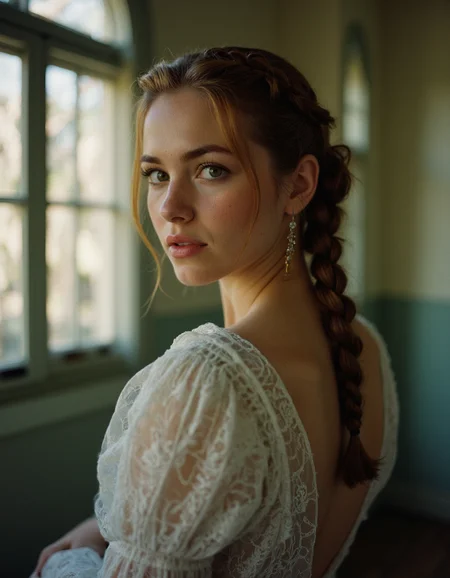 A dazzling woman with a magnetic presence,Fishtail braid,Butterscotch,Long exposure,Waverly Hills Sanatorium USA,(detailed masterpiece intricate details award winning lots of details),Kodak Ektar 100,Cold Lighting,<lora:real-lora:1>