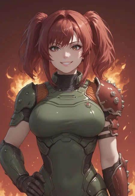 safe_pos, score_9, score_8_up, score_7_up, <laura:expressive_n: 1>, expressive_n, detailed eyes, beautiful, detailed background, perfect eyes,, expressive, 1 girl, visual novel character, sexy 20 year old girl, solo, <lоra: ikarus-chan_close:0,7>, short hair, red hair, two ponytails, shoulder-length ponytails, brown eyes, big breasts, <lora:edgArmoredPony:0.85> dslayer, doom armor, a woman with a shotgun standing on a pile of corpses, the only thing they fear is you, rip and tear until it is done, he is doom, the slayer's time is now, dark red background, cute smile, fire in background, hand on hip