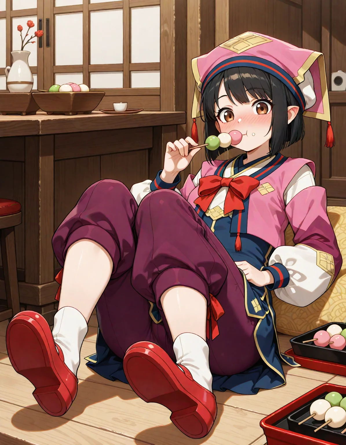 1girl,
chaya,
very awa, yukumokonaha, brown eyes, black hair, short hair, pointy ears, konahaclothes, pink headwear, pants, purple pants, puffy pants, red bowtie, puffy sleeves, white socks, red shoes, tassel, japanese cafe, (eating sanshoku dango:1.1), lying, high up, full-face blush, mary jane, purple skirt, blush, bow, socks, food on face, solo, kimono, shoes, wagashi, bowtie, shoe soles, dango, long sleeves, skirt, red bow, brown footwear, juliet sleeves, looking at viewer, food, full body, mob cap, hat,
masterpiece, best quality, newest, highres, absurdres, sensitive
<lora:NoobV065sHyperDmd:1> <lora:YukumoKonaha_IXL:1>