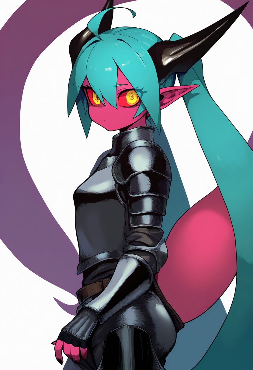 masterpiece, best quality, very aesthetic, high resolution, ultra-detailed, absurdres, newest, extremely detailed eyes, beautiful, perfect lighting, hi res, amazing quality, very awa, COLIG_ST, tail, female focus, horns, 1girl, yellow eyes, red skin, colored sclera, simple background, looking at viewer, fingernails, armor, pointy ears, no humans, white background,  long hair, hatsune miku, armor, aqua hair, ahoge