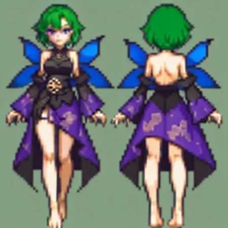 gothic, anime, evil fairy,a short ripped dress, red nails, long light green hair, evil face, fairy, dark fantasy, fairy wings with a poisonous pattern, small boobs, simples background, purple eyes, barefoots, gbaportrait, model sheet, chara-sheet