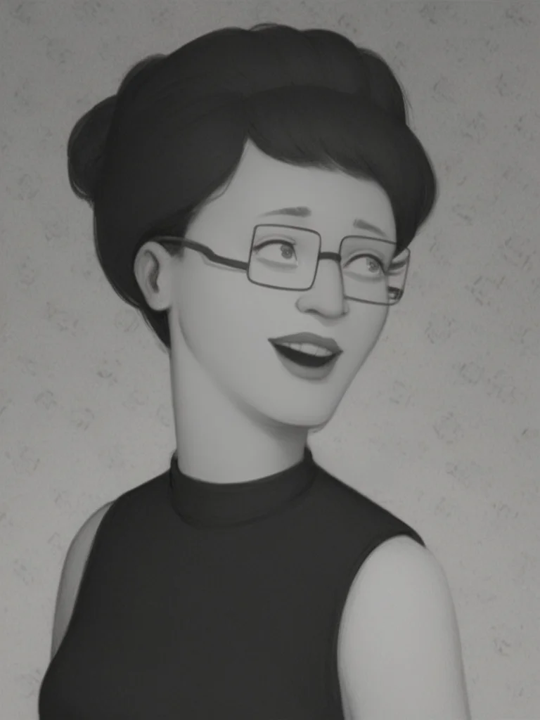 score_9, score_8_up, score_7_up, charcoal drawing, 1girl, p_hill, smiling, open mouth, upper body, black dress, sleeveless, glasses, black hair, greyscale, bold contrast, dynamic lines, abstract background, monochrome, <lora:Peggy_Hill_LoRA_Pony:0.9>