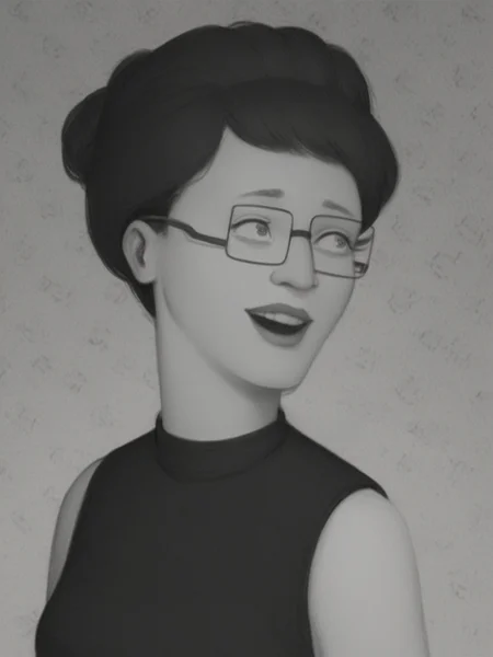 score_9, score_8_up, score_7_up, charcoal drawing, 1girl, p_hill, smiling, open mouth, upper body, black dress, sleeveless, glasses, black hair, greyscale, bold contrast, dynamic lines, abstract background, monochrome, <lora:Peggy_Hill_LoRA_Pony:0.9>