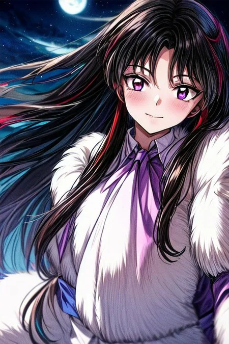 masterpiece, best quality 1girl Setsun4 solo long hair, (night time) forest background black hair very long hair purple eyes multicolored hair armor (fur trim) (medium body),<lora:EMS-179-EMS:0.800000>,<lora:EMS-293862-EMS:0.800000> bow, hair_bow, hair_tubes, red_bow, brown_hair, long_hair, bangs, ascot, frilled_bow, yellow_ascot, blush, smile, hair_between_eyes, athletic