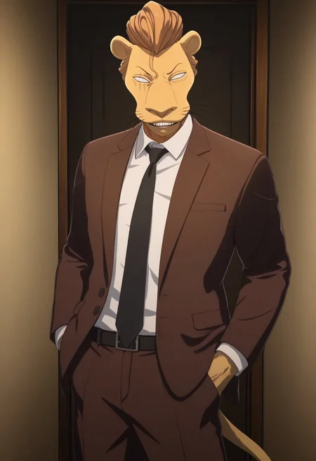 masterpiece, best quality, amazing quality, very aesthetic, absurdres, newest,  high quality, detailed, male, solo male, FreeBeastars, 1boy, mature male, male, athletic build, anthro, lion, light golden-yellow fur, strawberry-blond hair, pompadour, animal ears, white eyes, scar over right eye, white shirt, brown suit, jacket, brown slacks, black tie, standing, indoors, looking at viewer, grinning, hands in pockets, volumetric lighting