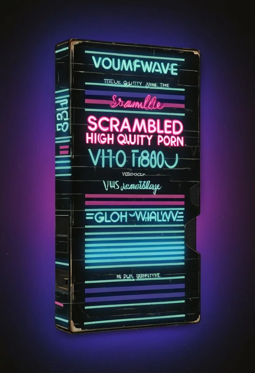 vhs-box, nsgzz, "SCRAMBLED PORN" text, caps font, sans serif font, text focus, text, neon sign, white text, blue theme, glow, indoors, bedroom theme, purple stripe, sunset theme, text logo, vhs black case, E-180, retrowave, logo parody, VHS, HIGH QUALITY (text), handwriting, masking tape overlay, 1980s theme, outrun, vaporwave, text, decorative font, humor