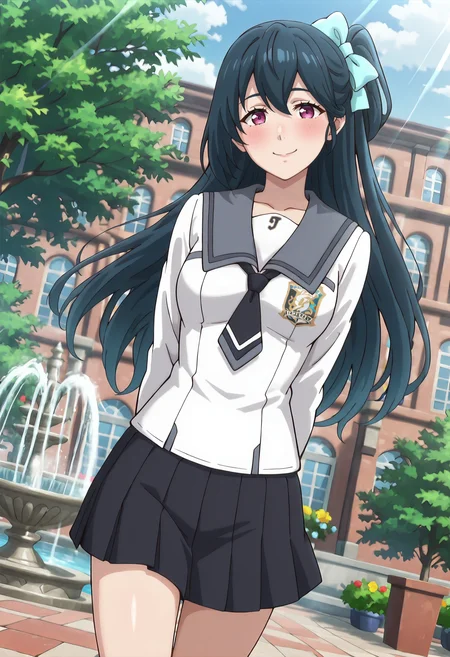 best quality, amazing quality, perfect quality, high quality, masterpiece, absolutely eye-catching BREAK
<lora:Phantasy_Star_Online_2_-_Kohri_Washinomiya:1> PSO2Kohri, purple eyes, black hair, long hair, double-parted bangs, one side up, blue hair ribbon, medium breasts BREAK
white jacket, long sleeves, grey sailor collar, black necktie, black pleated skirt BREAK
outdoors, sky, tree, building, fountain, sunbeam BREAK
1girl, solo, arms behind back, walking, head tilt, smile, looking at viewer, dutch angle, cowboy shot