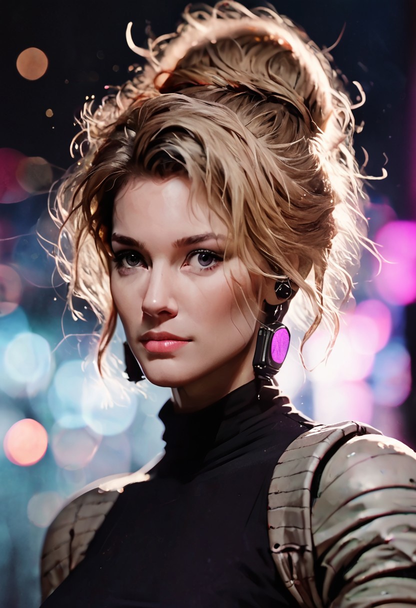 score_9, score_8_up, score_7_up, cyborg, ar3na1989, Kodak Motion Picture Film Style, 1girl, blonde hair, (neon purple light), updo hair, bounty hunter, (bokeh), sci-fi, dark atmosphere, moody, cybernetic implants, aesthetic,