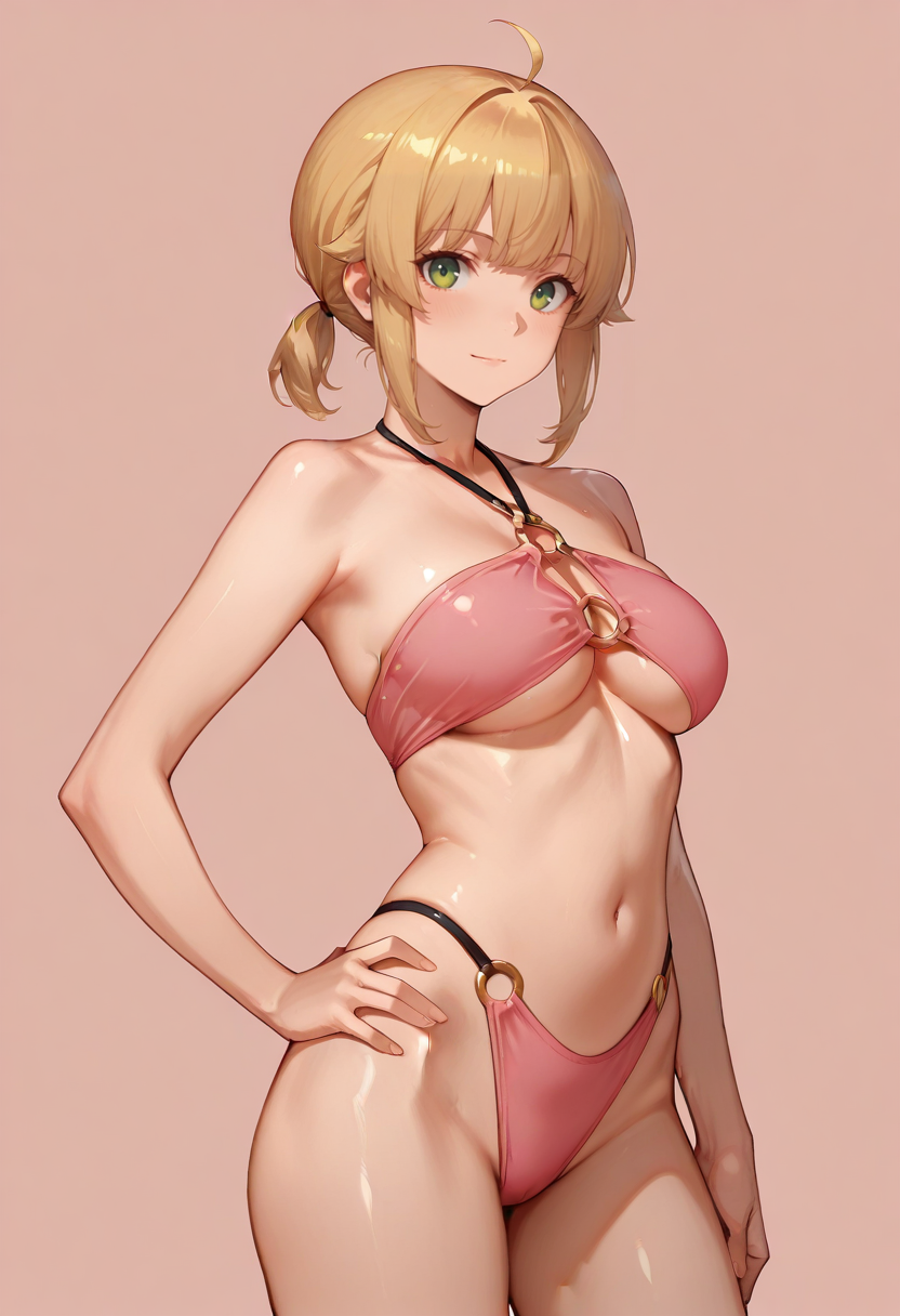 masterpiece, best quality,
1girl, solo, cowboy shot,
standing, hand on own hip,
looking at viewer, light smile,
<lora:Norn_Greyrat:1> N0rnGr31r4t, blonde hair, ahoge, sidelocks, bangs, short hair, ponytail, green eyes, 
simple background, pink background,           <lora:Shining_summer:0.8>  5h1n1ng_50mm3r, bikini, swimsuit, o-ring,