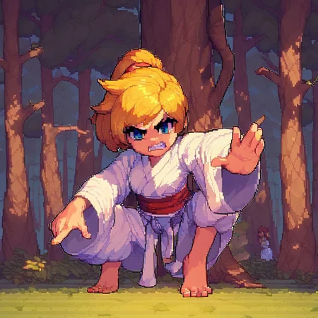 score_9, score_8_up, score_7_up, score_6_up, source_anime, a woman punching a tree, (pixel art), (pixel_art), 1girl, karate gi, punch, angry, clenched teeth, tree, night, blonde hair, ponytail