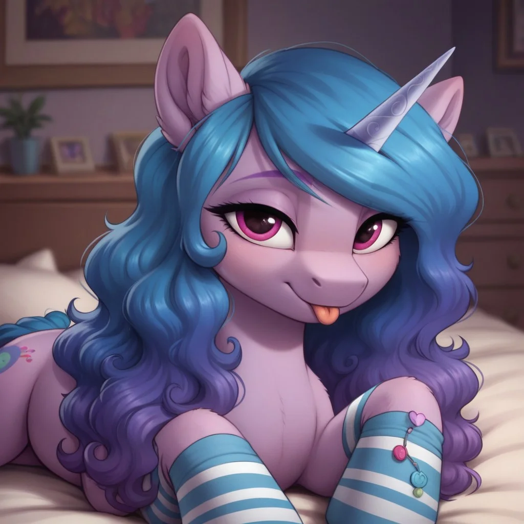 score_9, score_8_up, score_7_up, score_6_up, pony, feral, mare, solo, (izzy moonbow), no breasts, indoor, bedroom, photo_realistic, (stripped stockings), lying down, looking at you, closed mouth, tongue out, close-up, upper body