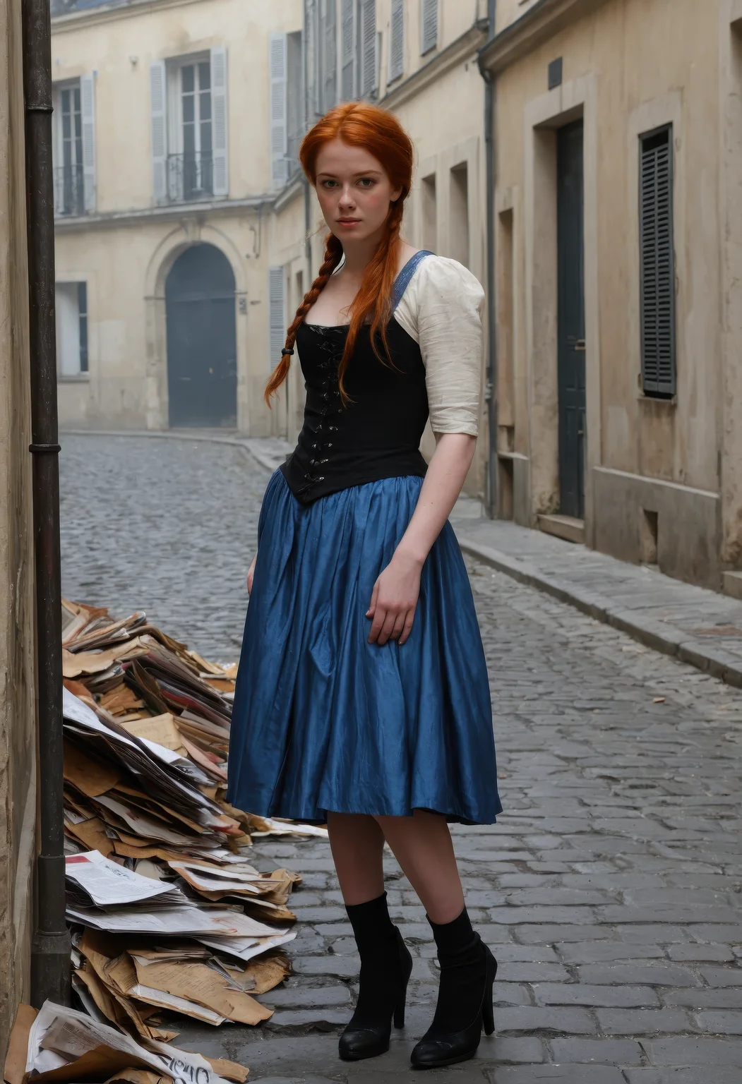 sdxl_jessidom, vibrant ginger hair tied in a loose, revolutionary-style coif, face streaked with dust and resolve, wearing a tattered blue skirt and red-trimmed bodice, standing defiantly before a crumbling Parisian barricade, smoke in the distance and pamphlets littering the cobblestones, the scent of gunpowder and revolution thick in the haze