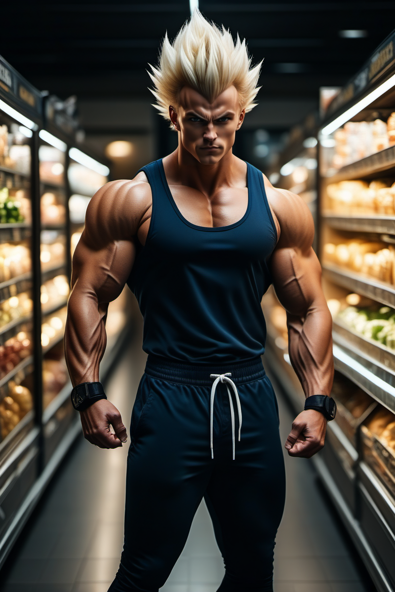 cinematic photo a full body portrait of a muscular man, blond spiked hair, glowing energy, solo, shops in a grocery store <lora:Vegeta1024:0.8> . 35mm photograph, film, bokeh, professional, 4k, highly detailed