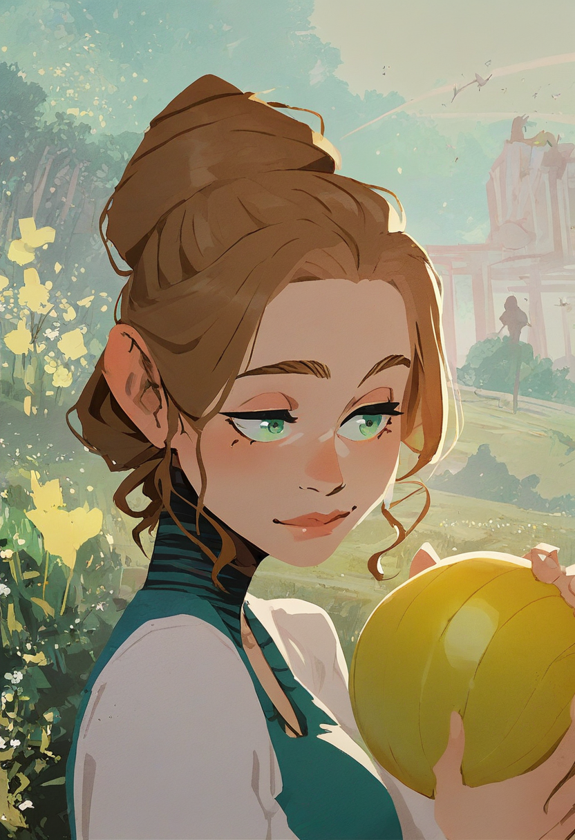 source_anime, score_9, score_8_up, score_7_up, 1girl, solo, Pretending to hold a giant ball, rotated, (Yellow-green Hauberk), medium brown hair, portrait, rating_safe, <lora:sdxl\pony diffusion\artist_styles\incase_new_pony:1.0>
