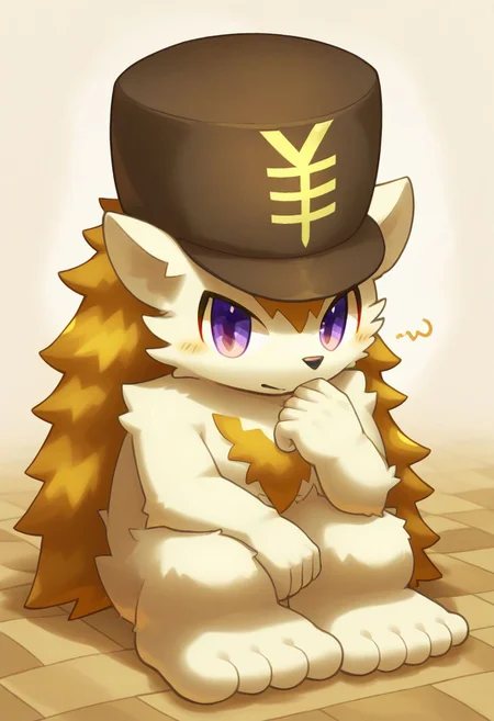 furry, anthro, cute, kemono, male focus, solo, score_9, score_8_up, male, full body, digital art, highly detailed, zPDXL2, hedgehog, hat with yen sign, purple eyes, Expressiveh, sit on ground