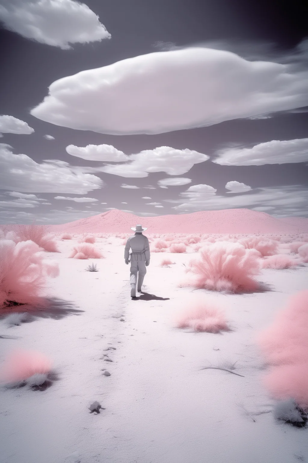 <lora:Infrared Photos:1>Infrared Photos - photography of a slanderman walking distant on desert 3d 14mm lens infrared filter