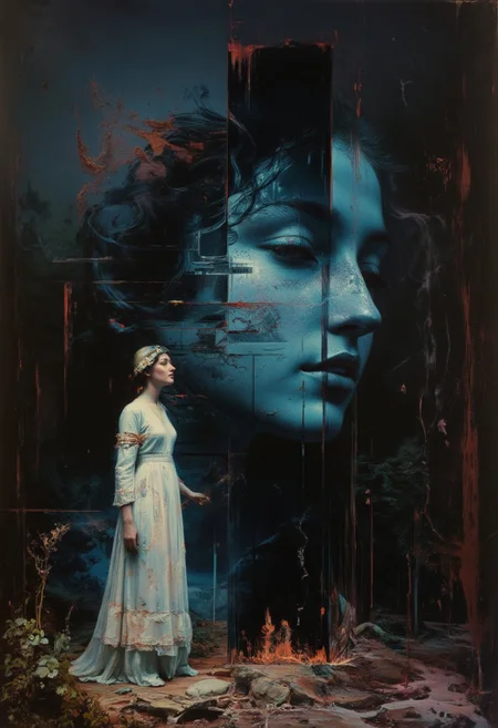 detailed photorealistic image, holographic glitched projection forming a rough shape of a woman from a strange black obelisk in a jungle, night, dark contrast ,(oil painting), in (ukiyo-e style:0.8), (by Edgar Degas:1.1), (by Pierre-Auguste Renoir:0.7), (by Claude Monet), (by Vincent Van Gough:1.2) , directional lighting, masterpiece, perfect composition, <lora:ARTifacts:0.8> , gl1tchc0re, glitch, abstract glitch,
