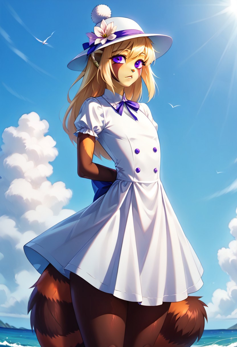 score_9, score_8_up, score_7_up,source_furry,foxacuwaku, red panda,1boy, femboy, long blonde hair, purple eyes, slim waist, wide hips, multicolored skin, brown tail, yellow face, BREAK, cute, White summer dress, beautiful women's hat, holds hand on hat, :p, dress fluttering in the wind, wind, sunny day, blue sky, fluffy clouds, sea coast background, <lora:RealisticAnime:1> (ultra realistic, 32k, masterpiece:1.2), (high detailed skin:1.1), (high quality:1.1), <lora:01lXLP:0.6> 01l